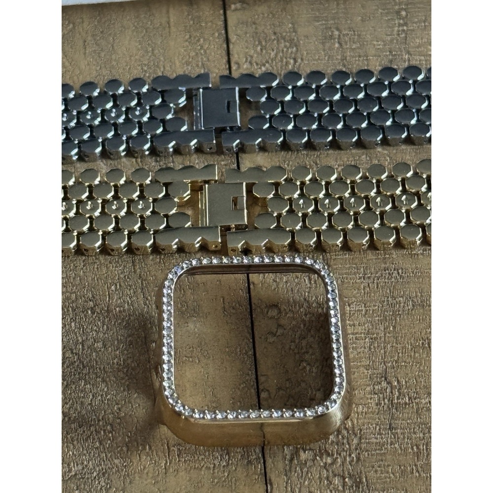 Apple Watch Band Set 44/45/46/49mm Metal Strap Silver Gold + Bling Rhinestone - Picture 3 of 6
